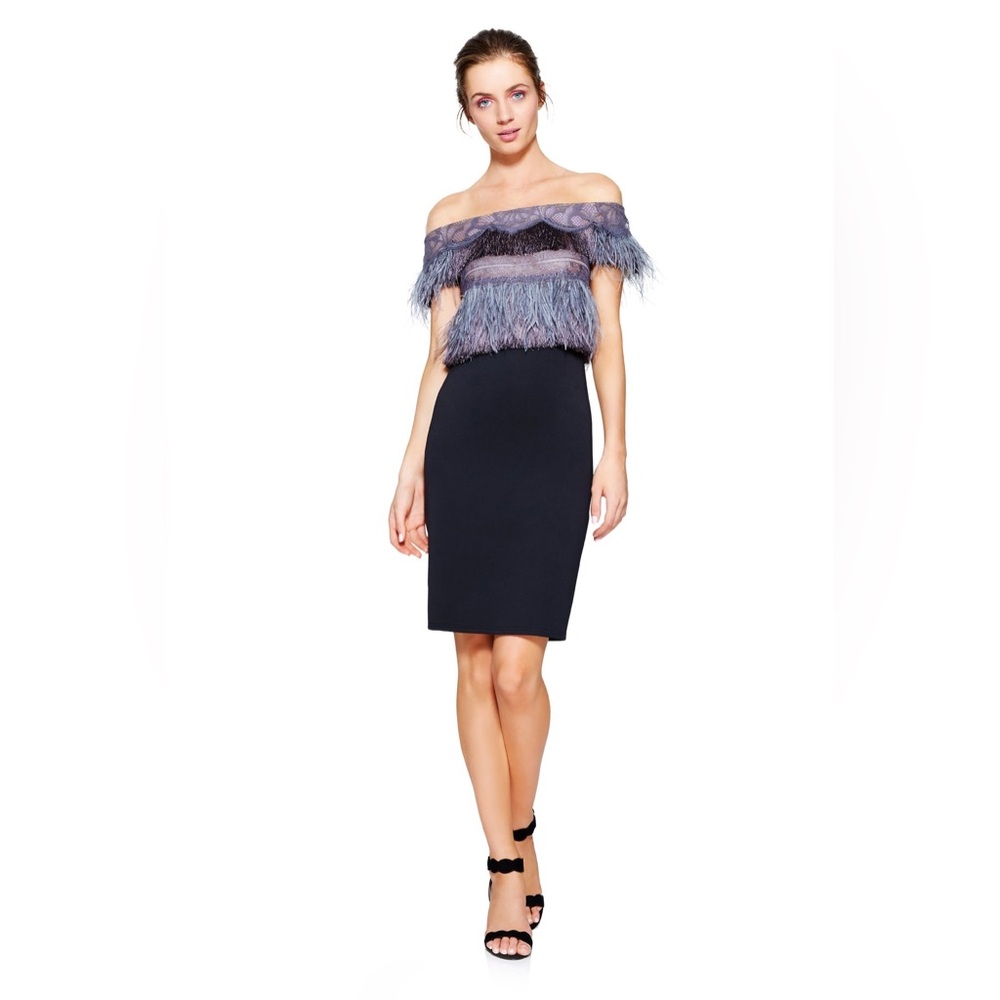 NWT Tadashi Shoji Janessa Off The Shoulder Feather Fringe Lace 4 Dress FLAW